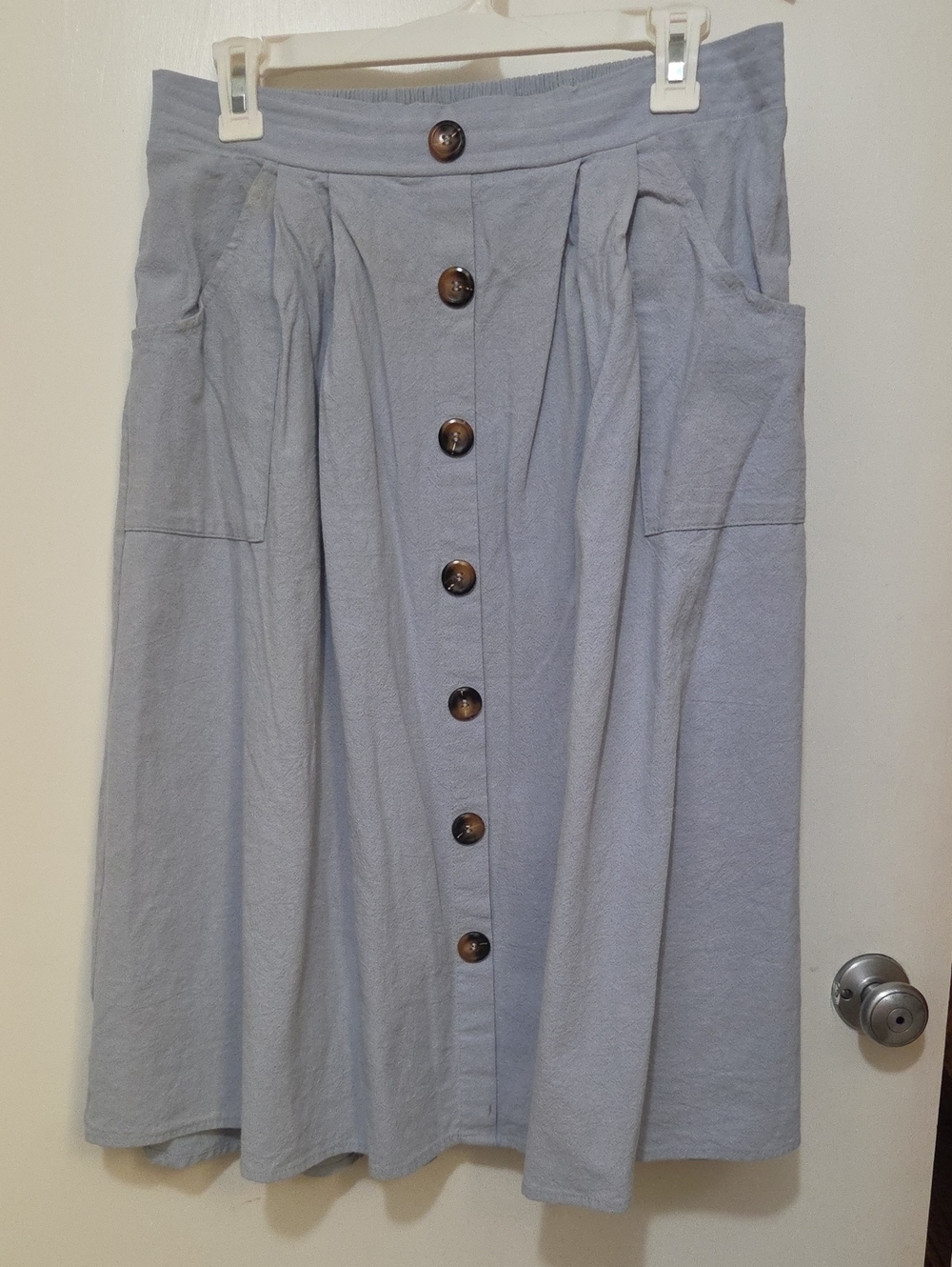 Button-Front Light Blue Midi Skirt with Front Pockets